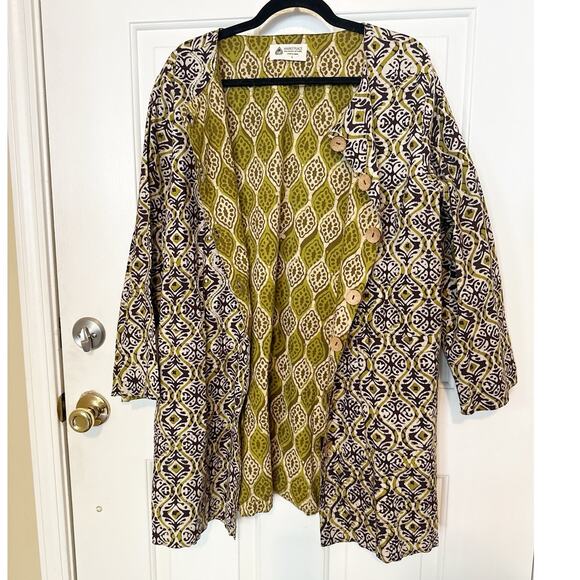 Market Place Handmade in India Jacket Ikat Artsy Boho Green Lagenlook Large - Picture 4 of 9